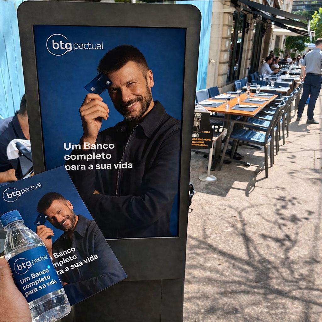 Totem digital e materiais personalizados da campanha BTG Pactual