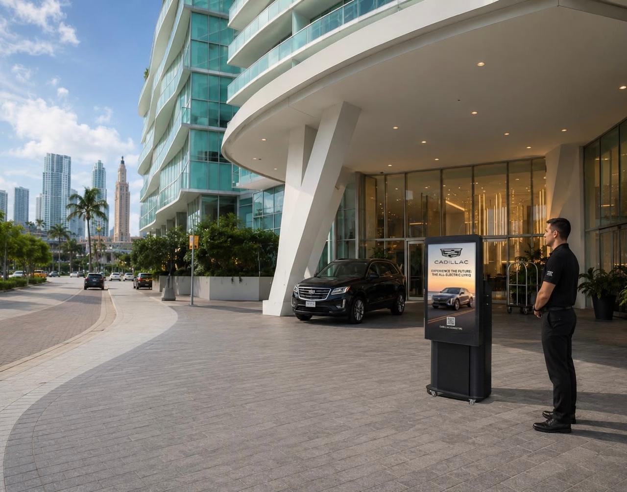 Totem digital na entrada de condomínio de luxo com serviço de valet em Miami