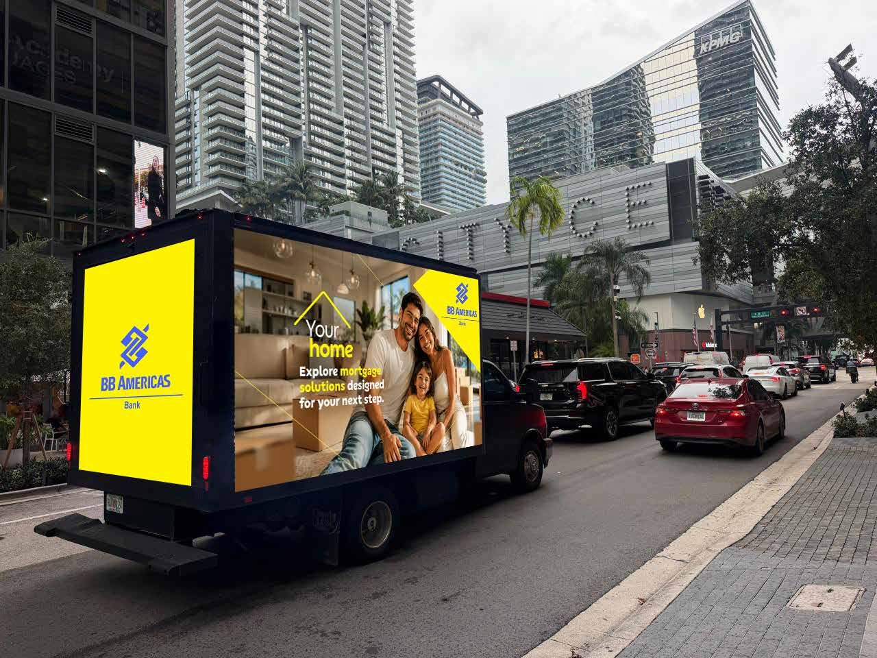 Freeooh LED truck with a BB Americas campaign in Brickell, Miami